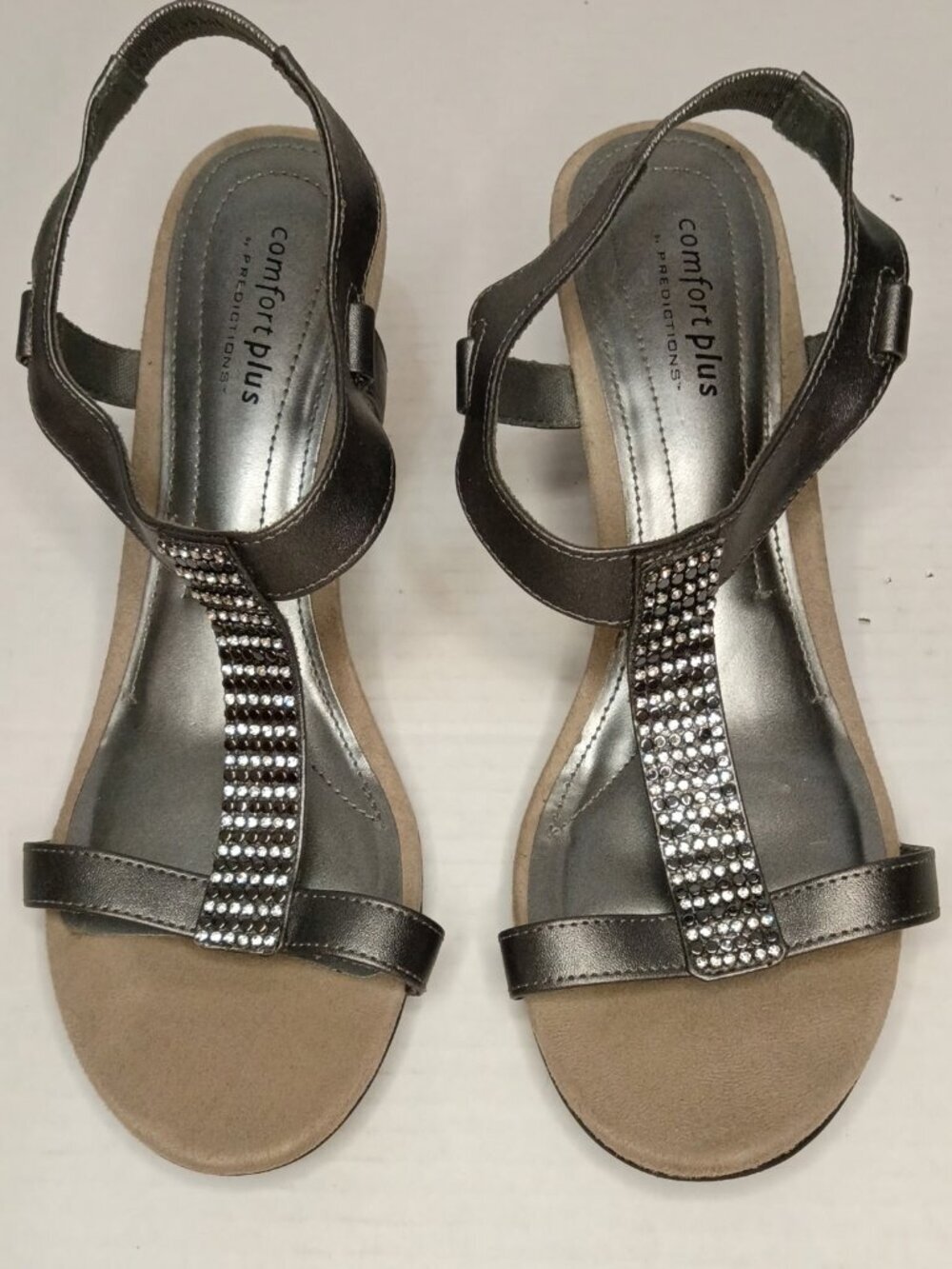 Comfort Plus Predictions Swanky Pewter Rhinestone Wedge Sandals Size 8.5W
